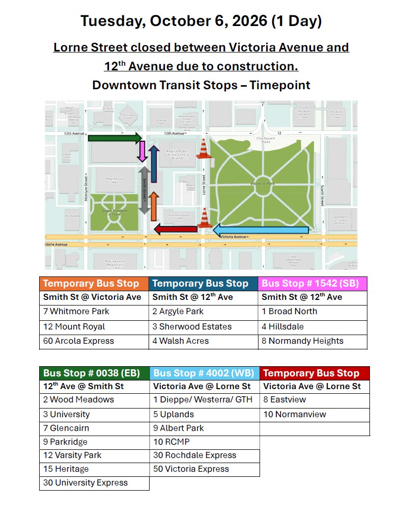 YQRTransit's tweet photo. Due to one-day construction, Lorne Street will be closed between 12th Avenue and Victoria Avenue on October 6 (Today) please see Transit Live for the detour path. https://t.co/e02Z5m7osj