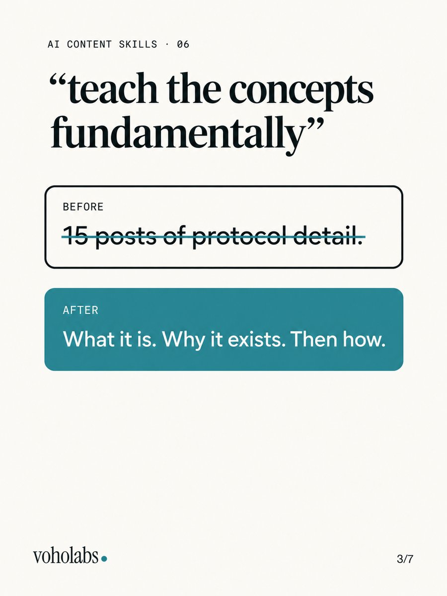 VOHOLABS's tweet photo. 5 ways AI explains badly, from our own review notes:

1 a table where one sentence belongs
2 detail before the concept
3 names a term it never defines
4 cuts the thought at 30 seconds
5 write a script instead of set up a schedule

Claude skill in the reply. https://t.co/ZinP1X61Cp
