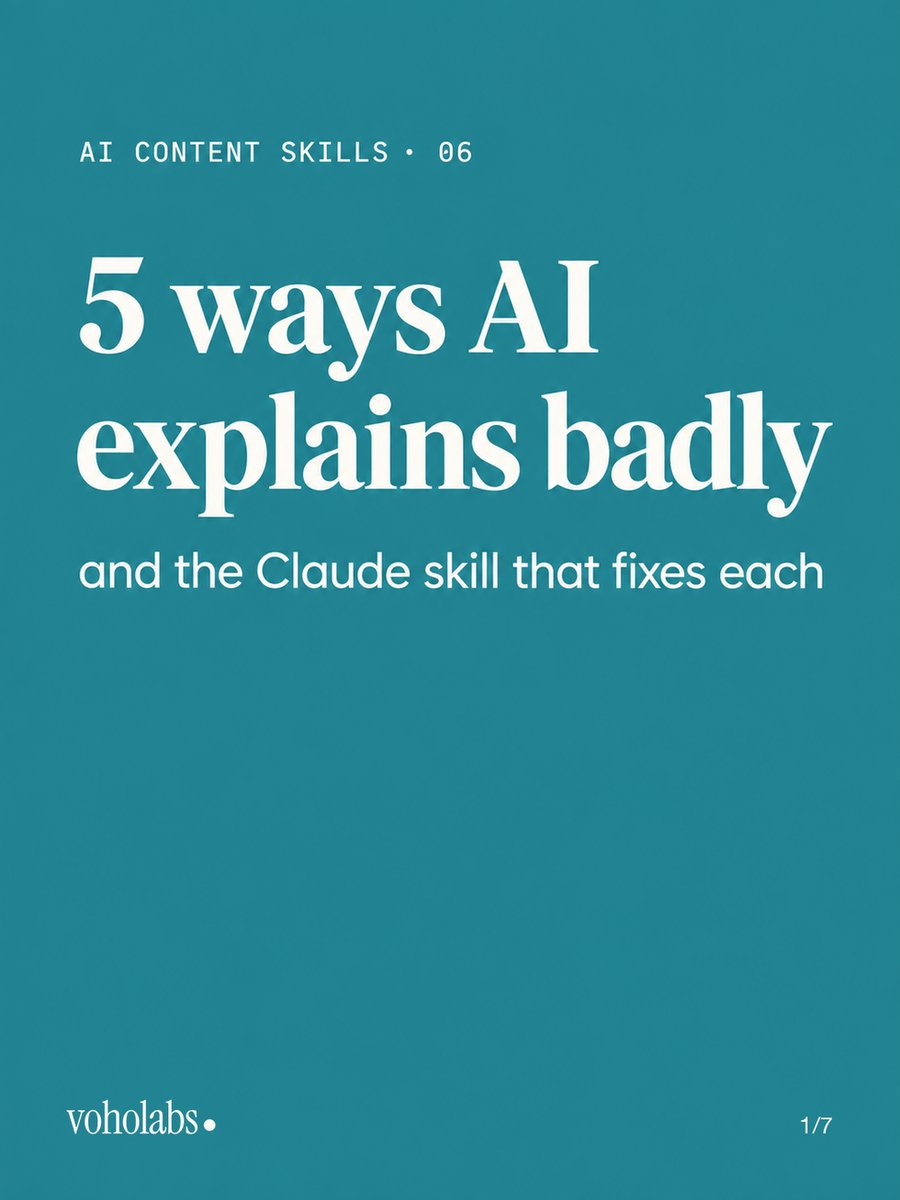 VOHOLABS's tweet photo. 5 ways AI explains badly, from our own review notes:

1 a table where one sentence belongs
2 detail before the concept
3 names a term it never defines
4 cuts the thought at 30 seconds
5 write a script instead of set up a schedule

Claude skill in the reply. https://t.co/ZinP1X61Cp