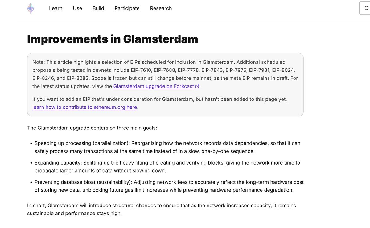 mmmikema's tweet photo. Glamsterdam just hit the Ethereum testnet, and it is the clearest bullish signal for $ETH base layer in years.

The upgrade does two things that directly raise what Layer 1 can carry. Block-level access lists (EIP-7928) tell nodes in advance which accounts and storage a block touches, so independent transactions can run in parallel instead of one by one. Enshrined proposer-builder separation (EIP-7732) pulls block building into the protocol, cuts reliance on MEV relays, and gives clients more time to propagate and verify bigger blocks.

Together they are the path to a much higher gas limit and faster L1 execution, without thinning out the validator set. Rollups still matter, but Ethereum is no longer treating the mainnet as a settlement stub. A faster, more native base chain means more activity, more fees, and more value settling on ETH itself.

@BitMNR now owns 5% of ETH and runs its own validator set, this has major implications, more fees will go to Bitmine as well

Sepolia is only the first public test. Hoodi and mainnet dates are still open, with mainnet eyed for later in 2026. If the clients hold, Glamsterdam is the upgrade that makes “scale the L1” real.

$ETH $BMNR