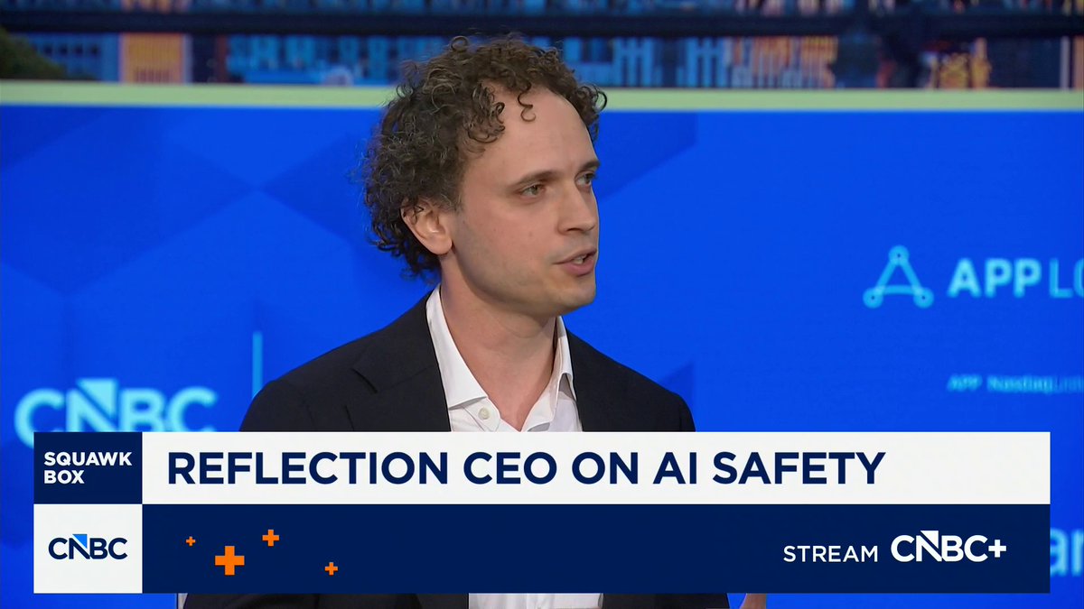 Reflection AI CEO Misha Laskin appears on CNBC's "Squawk Box" discussing AI safety, with the chyron reading "REFLECTION CEO ON AI SAFETY" as the startup unveils an open-weight model to rival Chinese competitors.