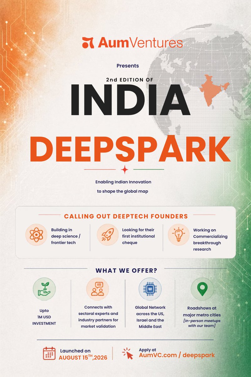 iTICIncubator's tweet photo. Building in Deep Science &amp; Frontier Tech? Explore INDIA DEEPSPARK ’26! 

Presented by Aum Ventures, #DEEPSPARK offers deep-tech founders up to USD 1M investment, expert &amp; industry connections, global networks and metro roadshows.

Apply: https://t.co/YE228aNZl8 https://t.co/uDK5KKWXY1