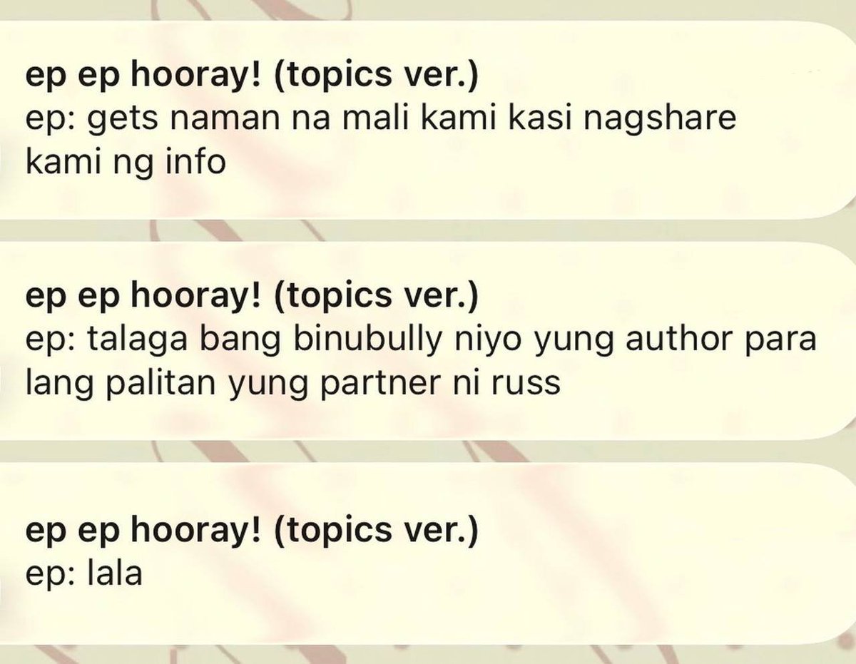 mayornikolai's tweet photo. someone was claiming that the allegations were false. eto portion of the truth. 

this was never about the ship. it was the ridicule mockery and treatment directed at someone. reducing everything to "shipping drama" deliberately missed the actual issue.

what happened today was terrible. we pray for miss gianna's healing and this post was never meant to attack her but i sincerely hope that instead of brushing the issue and shifting the narrative we can seek accountability from the people involved. people deserve to be held responsible for the way they treat people regardless of which side of the fandom they belong to. 

:)