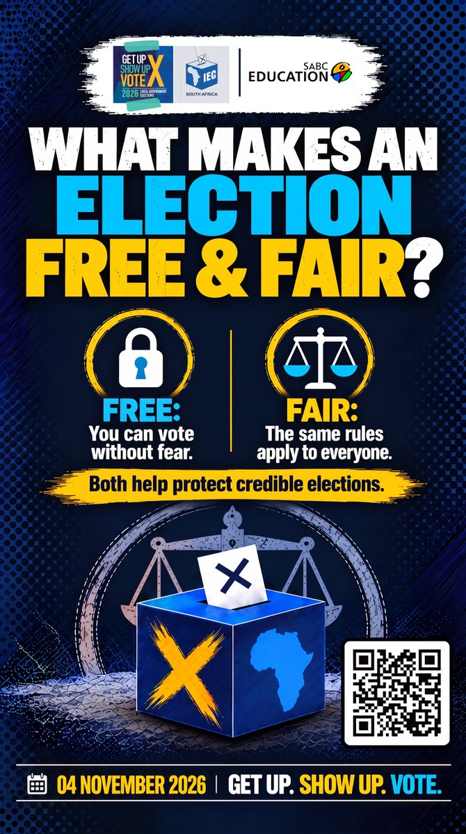 SABCEducation's tweet photo. What makes an election free and fair? 

Free participation, equal treatment, transparent processes and credible results all matter.

Know the process. Stay informed. Get Up. Show Up. Vote.
#LGE2026 #IEC #VoterEducation #CodeOfConduct
#GetUpShowUpVote https://t.co/pnk8rYG0Ch