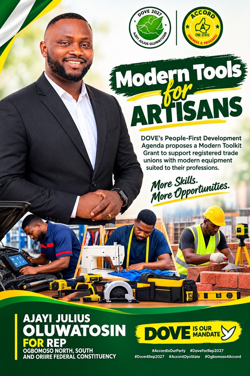 ololade_debimpe's tweet photo. Modern tools can make a real difference for artisans. DOVE’s People-First Development Agenda proposes a Modern Toolkit Grant to support registered trade unions with access to equipment suited to their various professions.

#DoveForRep2027 #AccordOyoState #Ogbomoso4Accord https://t.co/nvNriNR0Ak