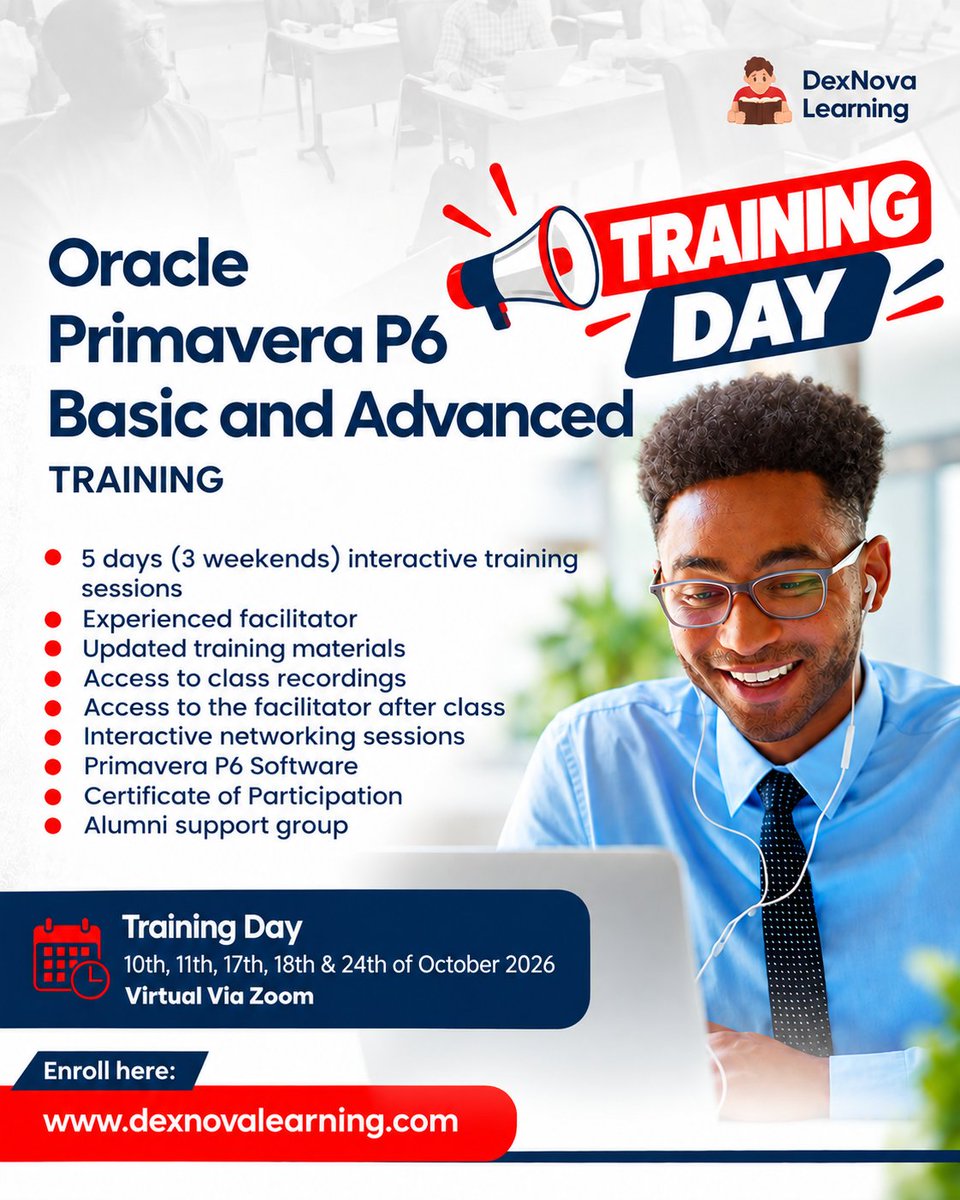 Dexlearning's tweet photo. It’s Training Day!

Our Primavera P6 Basic &amp; Advanced Training starts today at 12 noon.

You can still register and join us for 5 days of practical, hands-on learning in project planning and scheduling.

📲 Call/WhatsApp: 0703 927 3453 | 0706 222 0898

#Primavera #ProjectPlanning https://t.co/1uj8xcm5UX