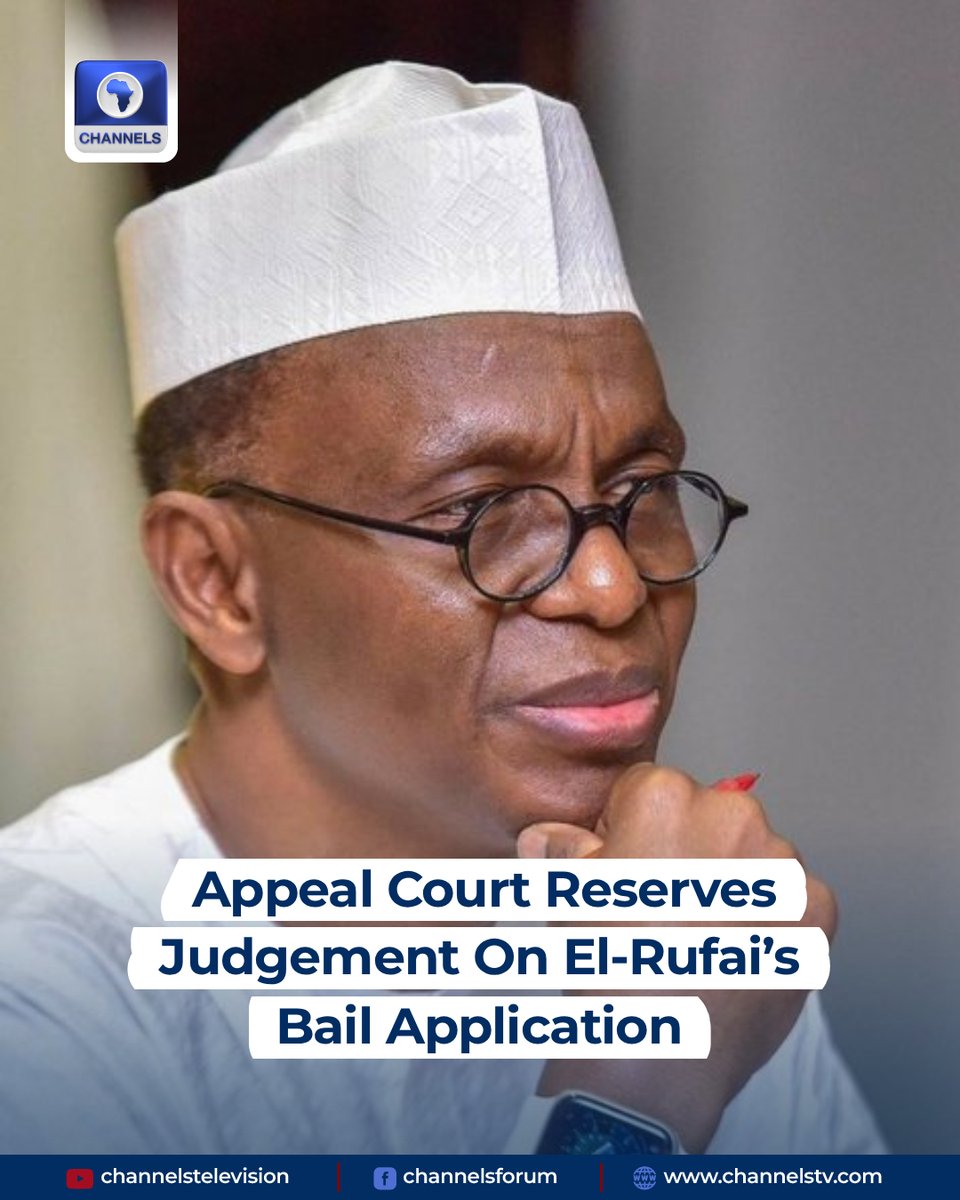 channelstv's tweet photo. The Court of Appeal sitting in Kaduna has reserved judgement in an appeal filed by former Kaduna State Governor Nasir El-Rufai, challenging the refusal of his bail application by the Kaduna State High Court.

https://t.co/qMAO9MJsb8 https://t.co/0It0xdBaB7