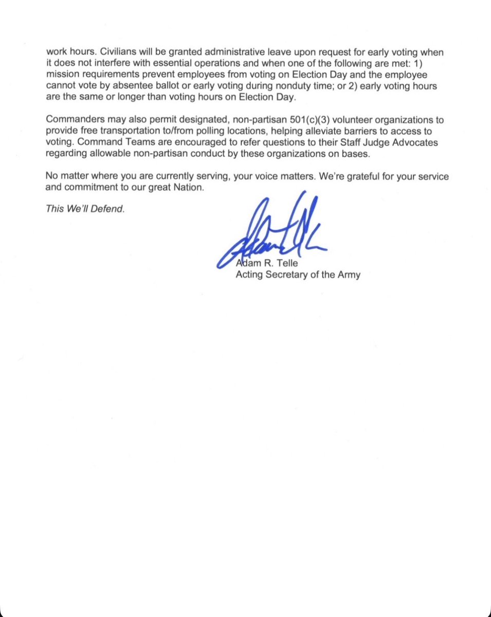 SecArmy's tweet photo. You defend this land every day. Wherever you are stationed, your voice matters at the ballot box.

Read my guidance below, make a plan, and cast your ballot. https://t.co/xZ2yZ7nQCj