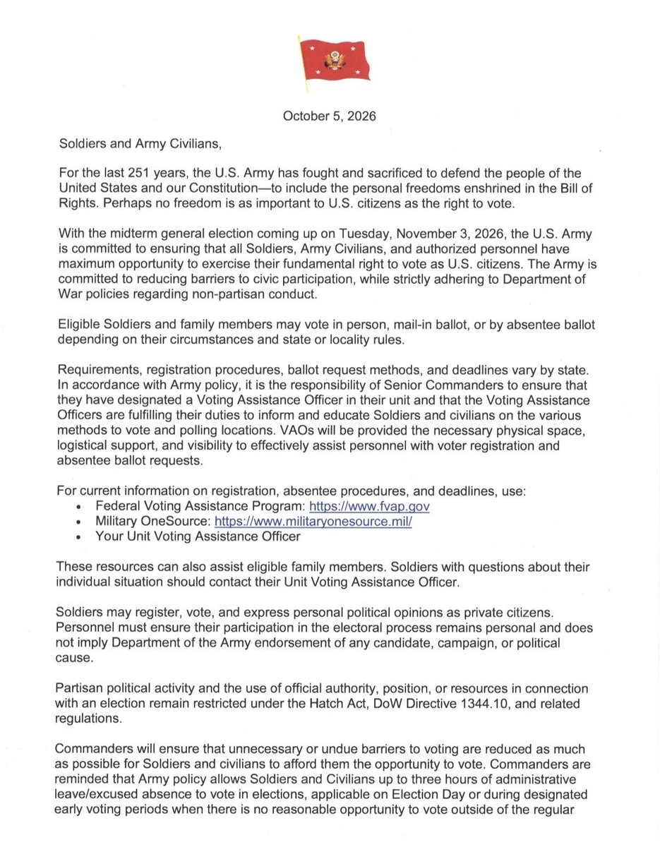 SecArmy's tweet photo. You defend this land every day. Wherever you are stationed, your voice matters at the ballot box.

Read my guidance below, make a plan, and cast your ballot. https://t.co/xZ2yZ7nQCj