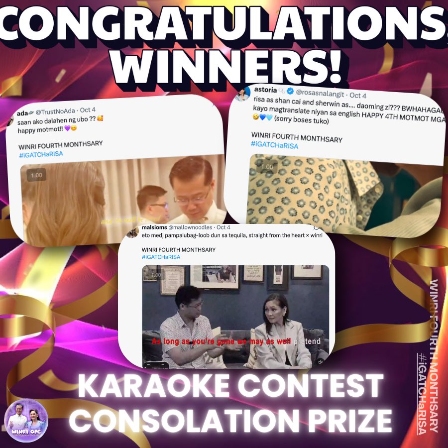 WinRiOFC's tweet photo. SURPRISE!!! 🎉🥳

We know how much effort and courage it took to sing. We unfortunately don’t have enough WINRI SILA NA fans for everyone, but in appreciation of the other winners who put in their sincere time and effort in joining, we’re giving Consolation Prizes in the form of WINRI stickers.

Congratulations @winrishipperz, @nadzzzey, @risawiniee, @TrustNoAda, @rosasnalangit, @mallownoodles, @WinRi2028, @ashleeydeenisee, and @_jagiyaaa!

Claim your stickers by messaging @heyltsnotkdg_. Delivery fee shall be shouldered by contest winner.