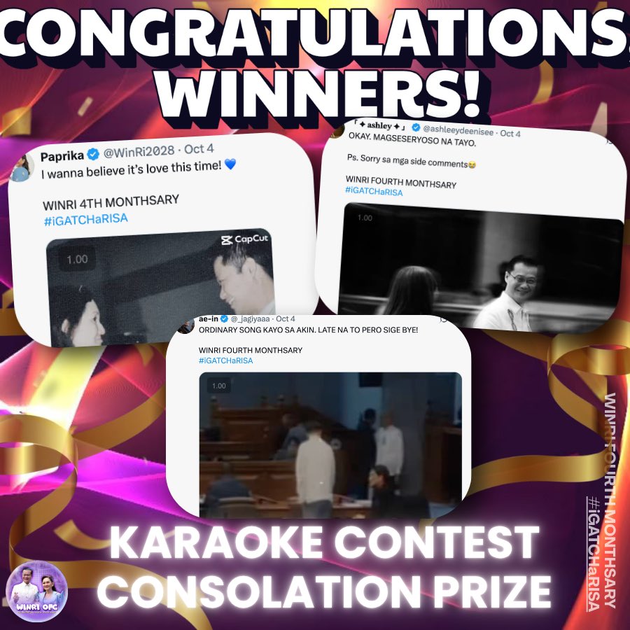 WinRiOFC's tweet photo. SURPRISE!!! 🎉🥳

We know how much effort and courage it took to sing. We unfortunately don’t have enough WINRI SILA NA fans for everyone, but in appreciation of the other winners who put in their sincere time and effort in joining, we’re giving Consolation Prizes in the form of WINRI stickers.

Congratulations @winrishipperz, @nadzzzey, @risawiniee, @TrustNoAda, @rosasnalangit, @mallownoodles, @WinRi2028, @ashleeydeenisee, and @_jagiyaaa!

Claim your stickers by messaging @heyltsnotkdg_. Delivery fee shall be shouldered by contest winner.