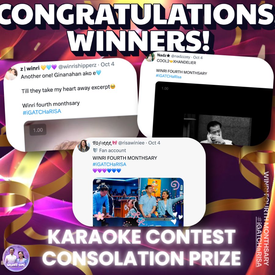 WinRiOFC's tweet photo. SURPRISE!!! 🎉🥳

We know how much effort and courage it took to sing. We unfortunately don’t have enough WINRI SILA NA fans for everyone, but in appreciation of the other winners who put in their sincere time and effort in joining, we’re giving Consolation Prizes in the form of WINRI stickers.

Congratulations @winrishipperz, @nadzzzey, @risawiniee, @TrustNoAda, @rosasnalangit, @mallownoodles, @WinRi2028, @ashleeydeenisee, and @_jagiyaaa!

Claim your stickers by messaging @heyltsnotkdg_. Delivery fee shall be shouldered by contest winner.