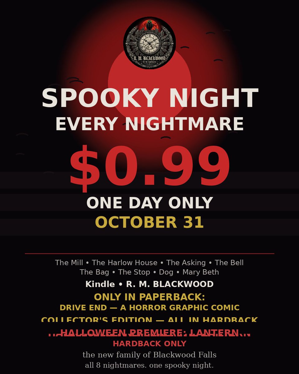 robertoashby8's tweet photo. 🕯️ Still up? Halloween night, ONE DAY ONLY: all 8 of my nightmares go $0.99 on Kindle. Drive End stays paperback-only, the Nightmares Collection hardback holds the shelf — and THE LANTERN premieres Halloween night. — R. M. Blackwood #HorrorBooks #Halloween https://t.co/q2VHdahrPl
