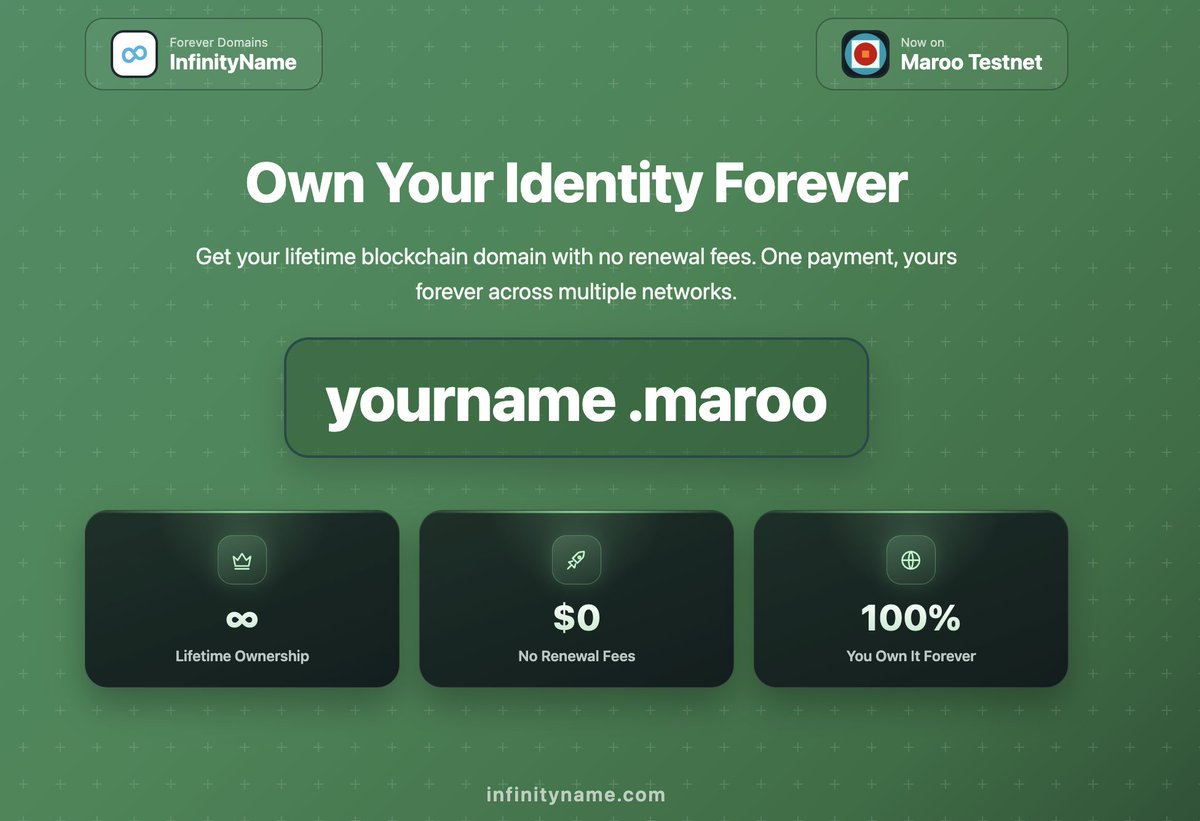 Infinitynamecom's tweet photo. InfinityName supports Maroo Testnet ♾

Experience the future of decentralized identity on @maroo_io Claim, own, and manage your name with permanent digital ownership.

👉https://t.co/GKCmQX4MN5
No renewals. No expirations. Just you. Forever. https://t.co/cpPap5x2Rl