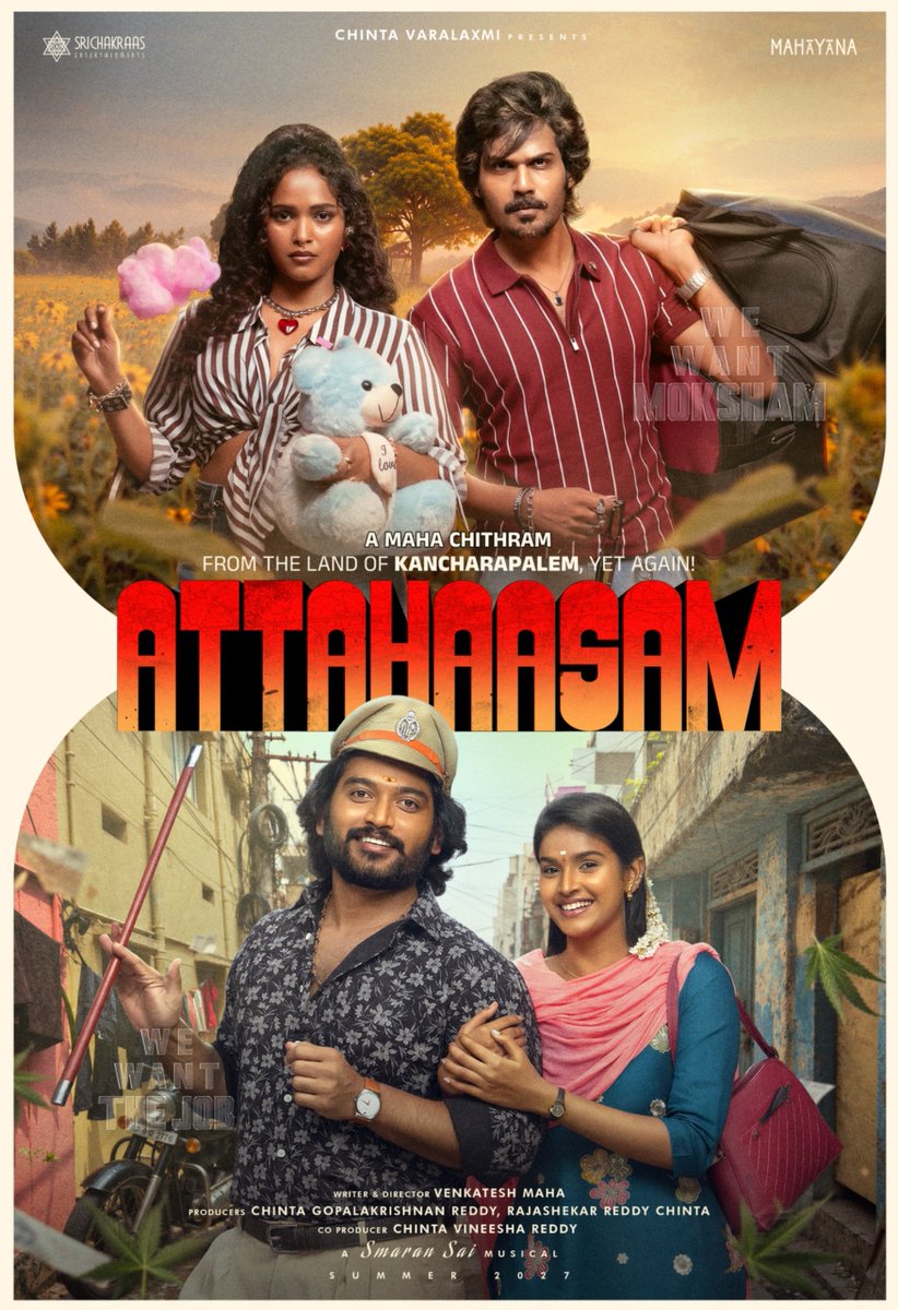 SureshPRO_'s tweet photo. From the land of KANCHARAPALEM, yet again comes another story! ❤️‍🔥

This time, it’s ATTAHAASAM! 😆 Another real, rooted and authentic entertainer! 🕺🏻

Presenting the Title &amp; First Look of the next MAHA CHITHRAM! 💥 #Attahaasam ~ Summer 2027 Release 😃

@mahaisnotanoun https://t.co/hgBRo0rm10