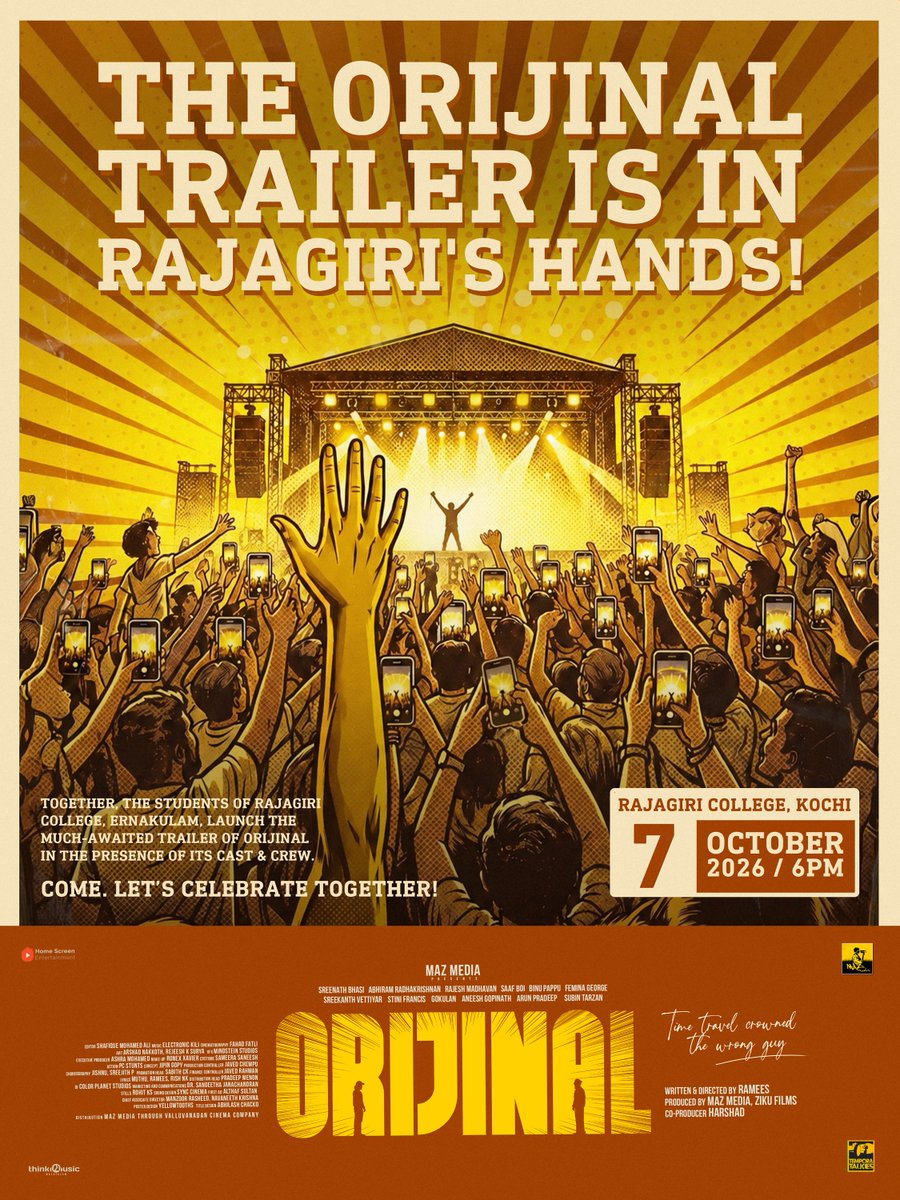 homescreenent's tweet photo. TIME takes a new turn.

The students of Rajagiri College are taking over the trailer launch of #orijinal along with the cast & crew for a special evening.

Rajagiri College | 7 October | 6 PM

Get ready to experience Orijinal in a whole new way! 
See you there!

#sreenathbhasi
#malayalammovie
#trailerlaunch #event

[Orijinal, Malayalam movie, Trailer launch]