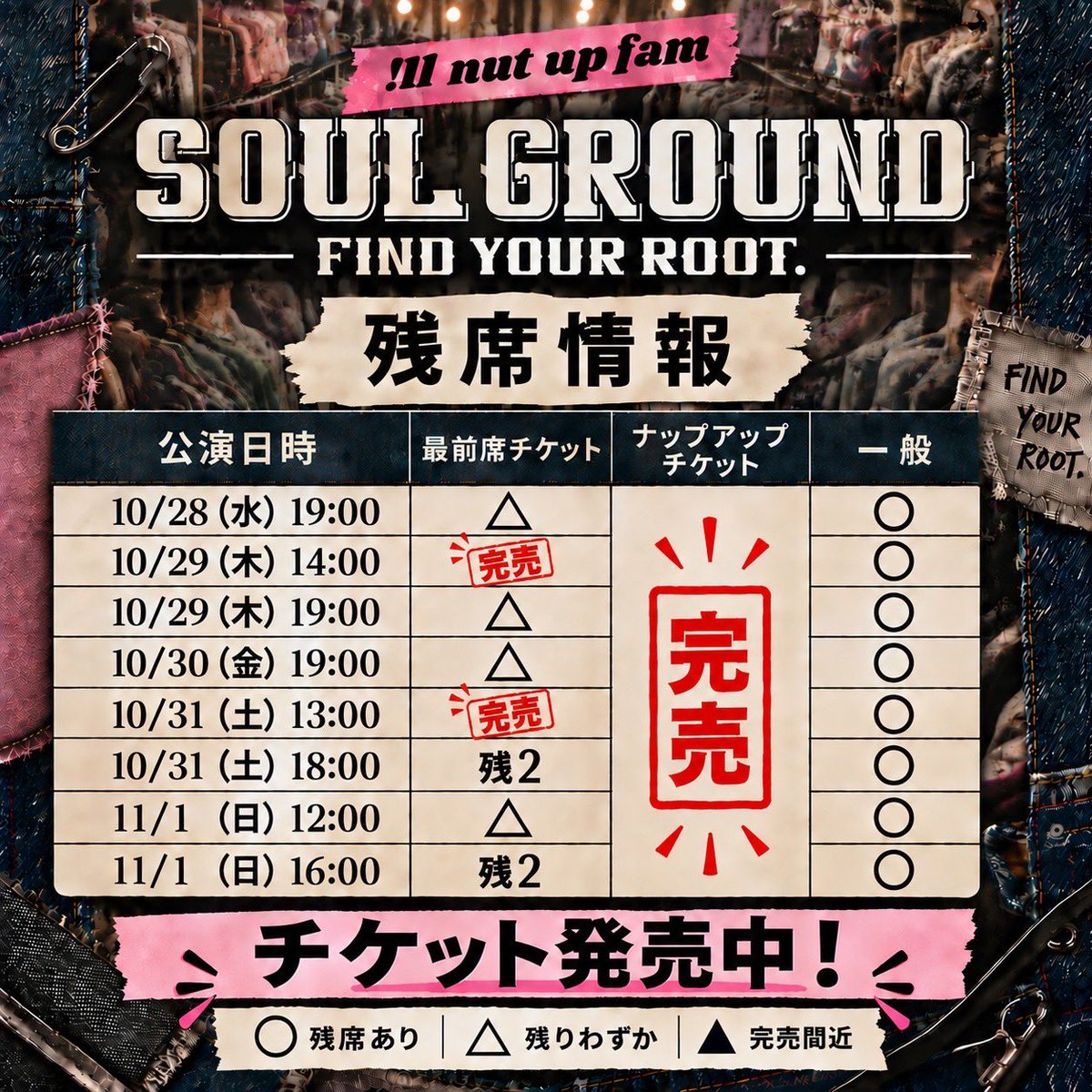 illnutupfam_'s tweet photo. #ソウルグラウンド
10月6日(火)現在のお席情報💺ℹ️ 

🈵完売しました🈵
・10/29(木)14:00最前席
・10/31(土)13:00 最前席
・ナップアップチケット

⚠️最前席残席僅か⚠️
・10/31(土)18:00 残2️⃣
・11/1(日)16:00 残2️⃣

🔻チケットのご購入はこちら🔻
https://t.co/MDBzgZcJ86 https://t.co/9IhIAwINqH