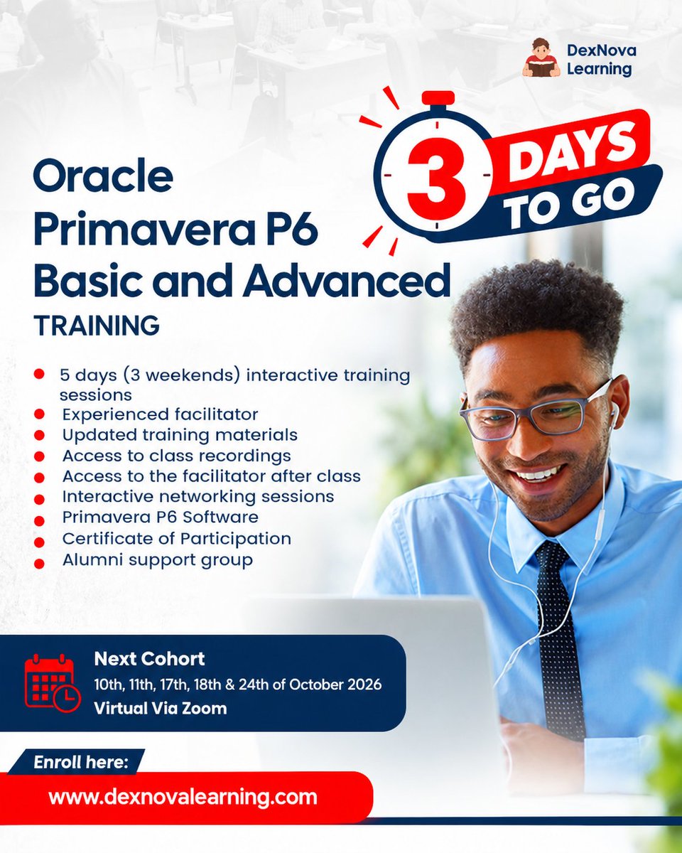 Dexlearning's tweet photo. 3 days to go! 

Our Oracle Primavera P6 Training starts this Saturday.

5 days of practical project planning &amp; scheduling.

📲 0703 927 3453 | 0706 222 0898

#PrimaveraP6 #ProjectPlanning https://t.co/aazc2thJ15