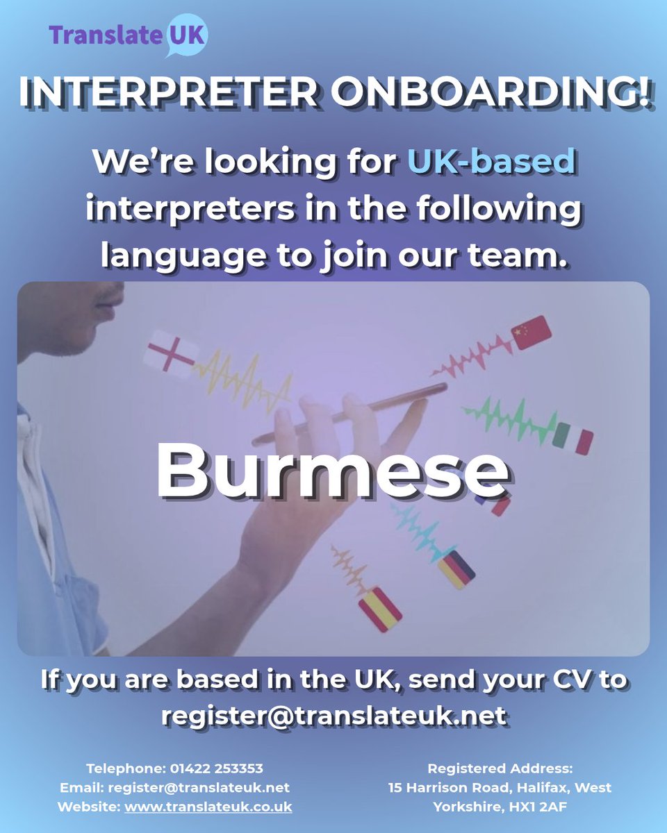 TranslateUK's tweet photo. π UK-based interpreters - Burmese!
Translate UK is expanding its interpreter network across the UK. To register, send your CV to:
π§ register@translateuk.net
#TranslateUK #interpreters #interpreting #languageservices #communityinterpreting #UKInterpreters https://t.co/eHKkS1xqkh