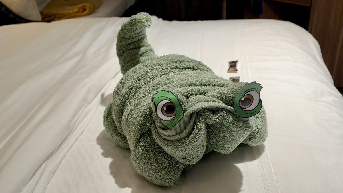 laughingplace's tweet photo. Our late night clue that was waiting for us on our bed and who doesn’t love a visit from Pascal! #disneybelievereveal https://t.co/hs4OGaLiWI