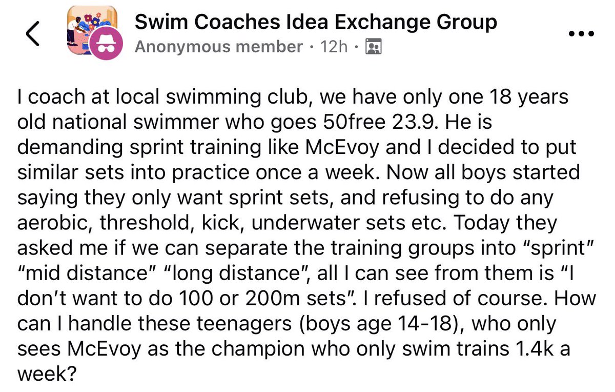 SwimNerds's tweet photo. Have had this idea for a couple years now - you could create a sprinters only club team and get all the kids being ostracized by out of touch coaches like this one.

Many customers do not want to do 4-8k a day. 

They just want to go fast - they just want to race. https://t.co/mzkkP4zP72