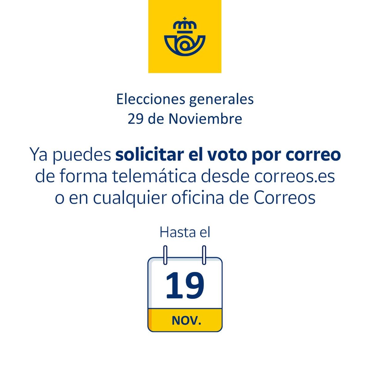 desdelamoncloa's tweet photo. 📆 Desde hoy y hasta el 19 de noviembre ya puedes solicitar el voto por correo.

En cualquier oficina de @Correos o en su web.

🗳️Del 9 y el 23 de noviembre, se remitirá la documentación, que se podrá entregar hasta el día 25 de noviembre.

#Elecciones29N

https://t.co/9QCE6BKlLv https://t.co/ISO6ypRbiL
