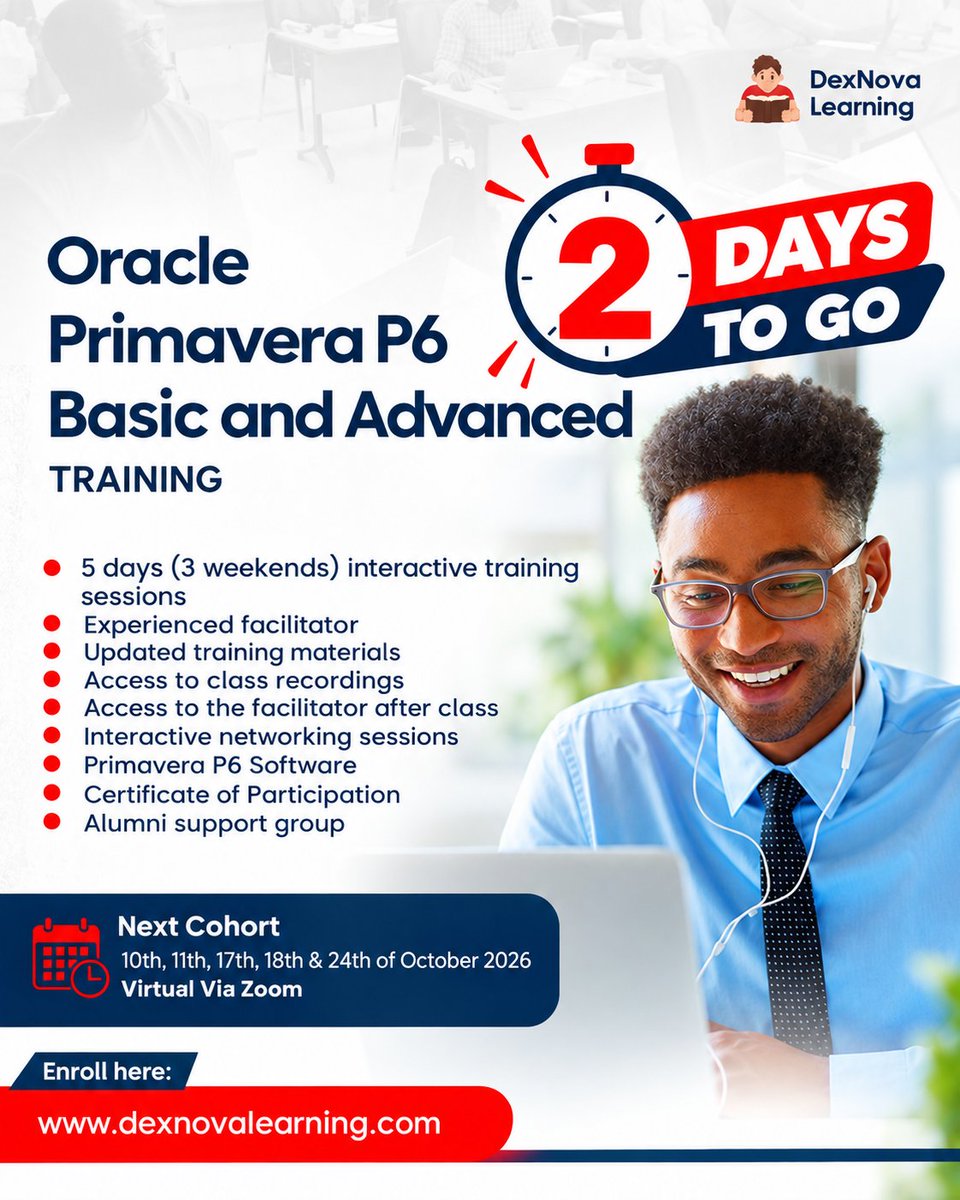 Dexlearning's tweet photo. 2 days to go!

This Saturday, we begin our Primavera P6 Basic &amp; Advanced Training.

Want to join us?

📲 0703 927 3453 | 0706 222 0898

#PrimaveraP6 https://t.co/i6LD48KGKl