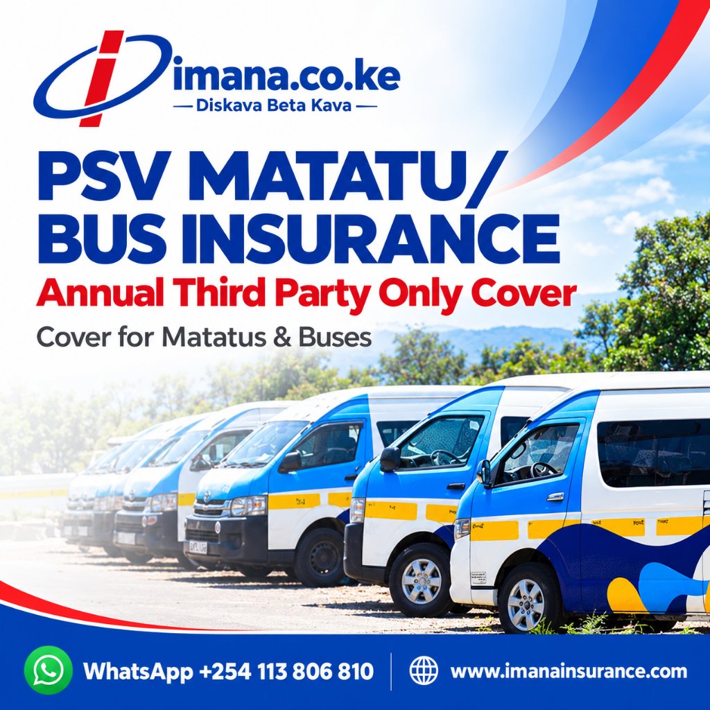 imana_insurance's tweet photo. PSV MATATU/BUS INSURANCE
Get Annual Third Party Only cover for your matatu or bus with Imana.
Contact us today for a quote.
WhatsApp: +254 113 806 810
Website: https://t.co/HlgQNrezNu
Imana. Diskava Beta Kava.
#ImanaInsurance #PSVInsurance #MatatuInsurance #BusInsurance #ThirdPartyCover