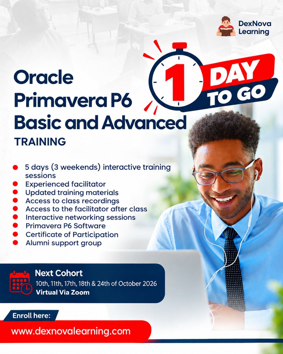 Dexlearning's tweet photo. 1 day to go!

Tomorrow we begin our Primavera P6 Training.

There’s still time to join the class.

📲 0703 927 3453 | 0706 222 0898

#PrimaveraP6 #ProjectPlanning https://t.co/dj2VUExrlo