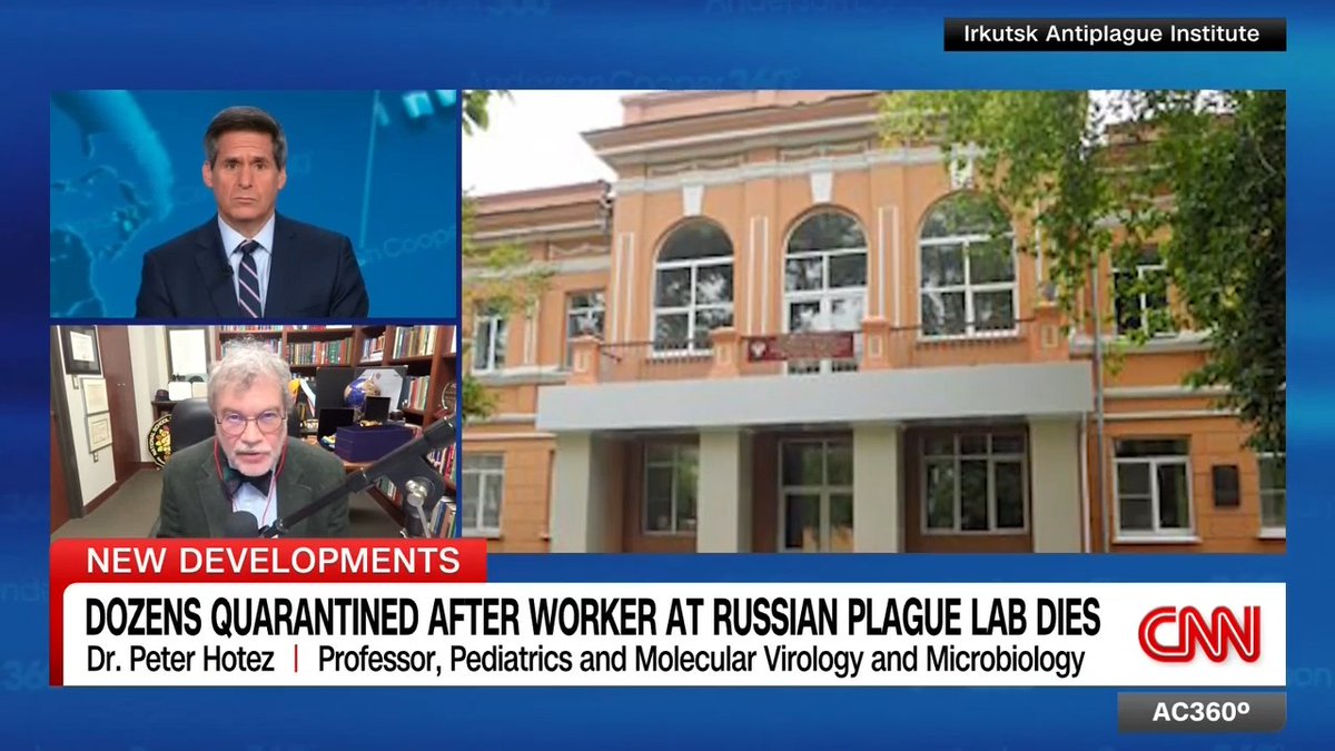 CNN's AC360° airs coverage of the quarantine at the Irkutsk Antiplague Institute following a worker's death, with anchor Anderson Scott and guest Dr. Peter Hotez, a Professor of Pediatrics and Molecular Virology and Microbiology, discussing the developing situation regarding the worker's "unknown" pneumonia diagnosis.