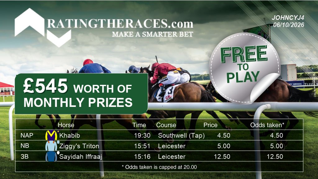 JohnOLeary2's tweet photo. My Tuesday entry for the free NAP comp:

NAP: Khabib 19:30 @Southwell_Races
NB: Ziggy's Triton 15:51 @LeicesterRaces
3B: Sayidah Iffraaj 15:16 @LeicesterRaces

Free to enter, daily prizes. Pick your three at @RatingTheRaces

#RTRNaps #HorseRacing https://t.co/oAlzIugRIU