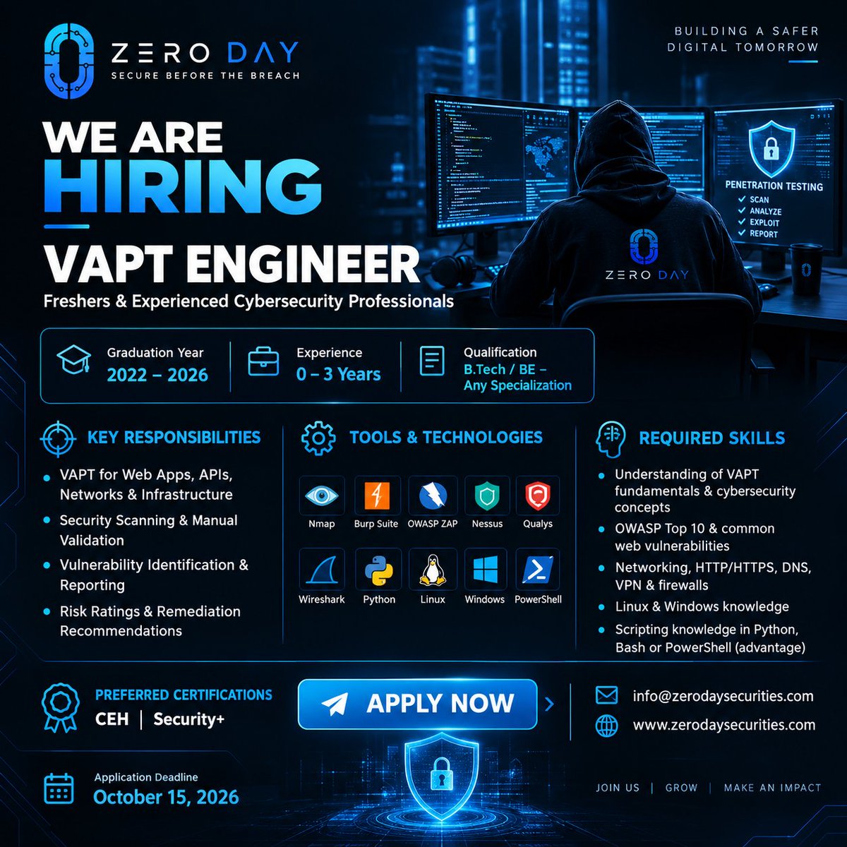 zeroday0026's tweet photo. 🚨 WE’RE HIRING | VAPT ENGINEER 🔐

📩 Apply: info@zerodaysecurities.com
🌐 https://t.co/mXDEoJJbED
📅 Deadline: Oct 15, 2026
🔐 Zero Day — Secure Before the Breach.
#Hiring #VAPT #Cybersecurity #VAPTEngineer #CyberSecurityJobs https://t.co/JOBpe3QyXD