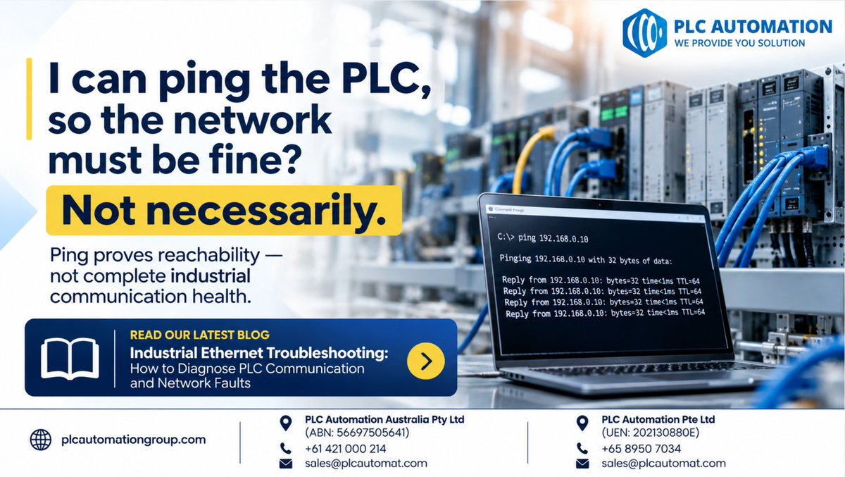 plcautomation_'s tweet photo. “I can ping the PLC, so the network must be fine.”

Not necessarily.

Ping proves basic IP reachability — not that PROFINET, EtherNet/IP, Modbus TCP or PLC-to-device communication is healthy.

Our troubleshooting guide ↓
https://t.co/rsMuc1lnnC

#IndustrialEthernet #PLC https://t.co/hApTucJI2n