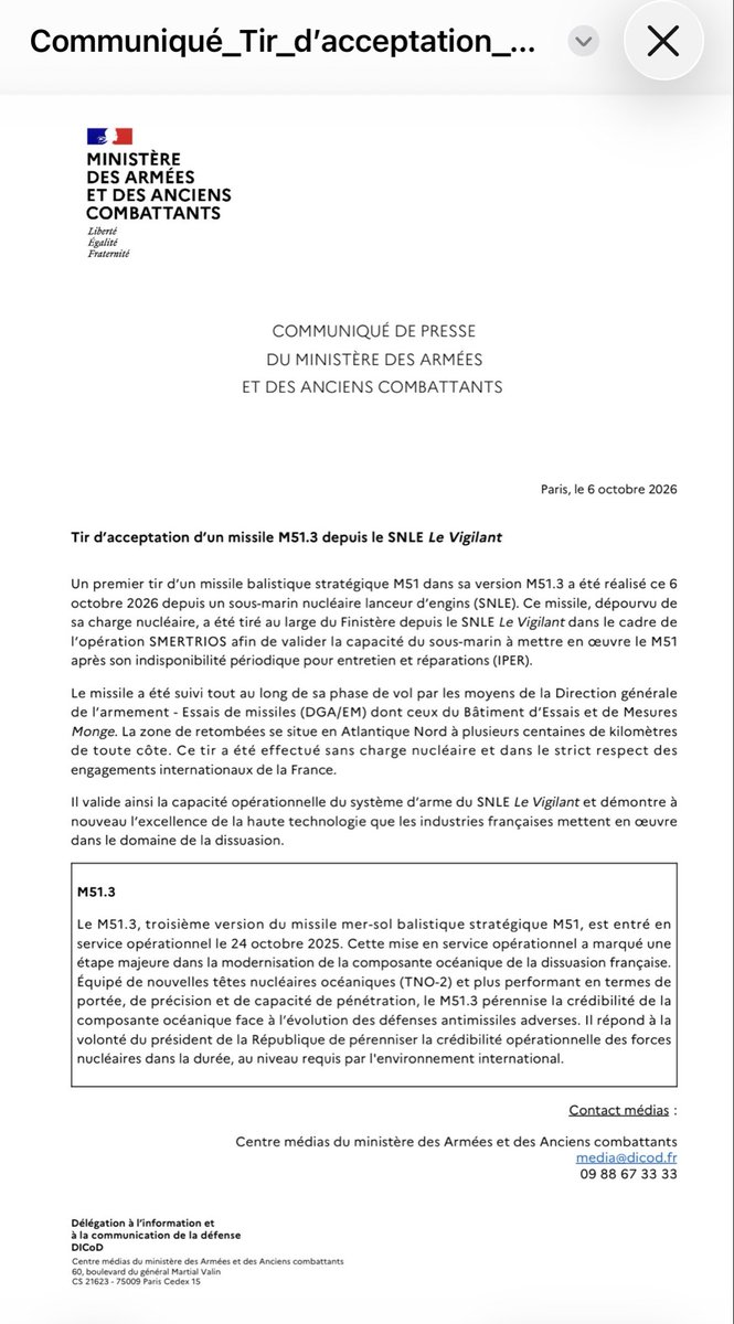 nicolas_richoux's tweet photo. Magnifique réussite du premier tir du missile balistique M51.3 (notre petit dernier) à bord d’un SNLE.
Notre savoir-faire est au top et notre dissuasion également. À bon entendeur…
Vive la France ! https://t.co/g7cspInBgJ