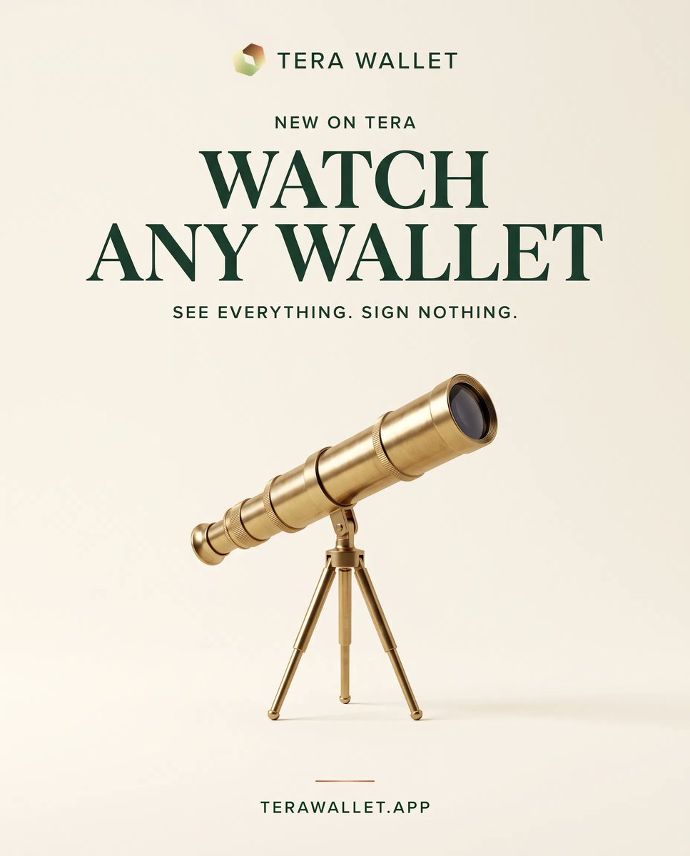 TeraWalletRH's tweet photo. New on Tera: watch any wallet 
Keep an eye on your cold storage, your company treasury or a family member's wallet, without its keys.

How it works:
• Paste an address or an @tag and give it a name
• See its total value, every token it holds, and its recent on-chain activity
• Everything you watch is in one list, with each wallet's value

Built the Tera way:
• View only. Tera has no key for a watched wallet, so there is no Send, Swap or Bridge button on its page. Nothing can ever be signed from it.
• Never mixed with your money. Watched value is shown separately and never added to your own balance.
• Private. The wallets you watch are kept encrypted on your device and never sent to our servers. Privacy mode hides their balances too.

Find it under More → Watching in the Tera app.
The agent can think. Tera checks. You approve. 

https://t.co/xBpTKdl7ce
https://t.co/vzkfHzNVaK