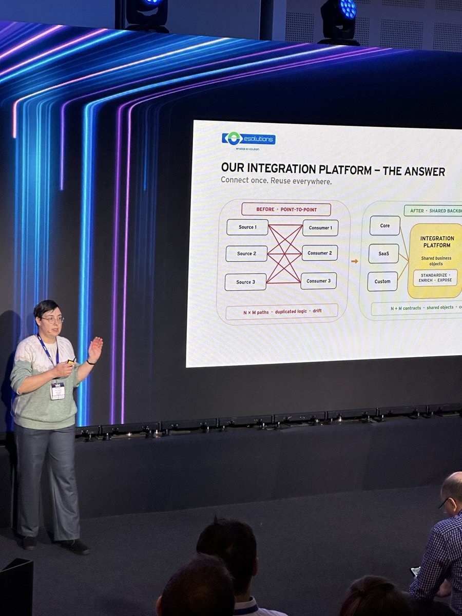 bigdataweek's tweet photo. 🔵 Lucian Neghina &amp; Oana Berzai from @eSolutionsTech and Dragos Tanta from Tchibo explore the boundary between an #IntegrationPlatform and a #DataPlatform, with lessons on streaming, data contracts, schema evolution and operating integrations at scale. #bdw2026 #bdwbucharest https://t.co/aC6bGHO2ca