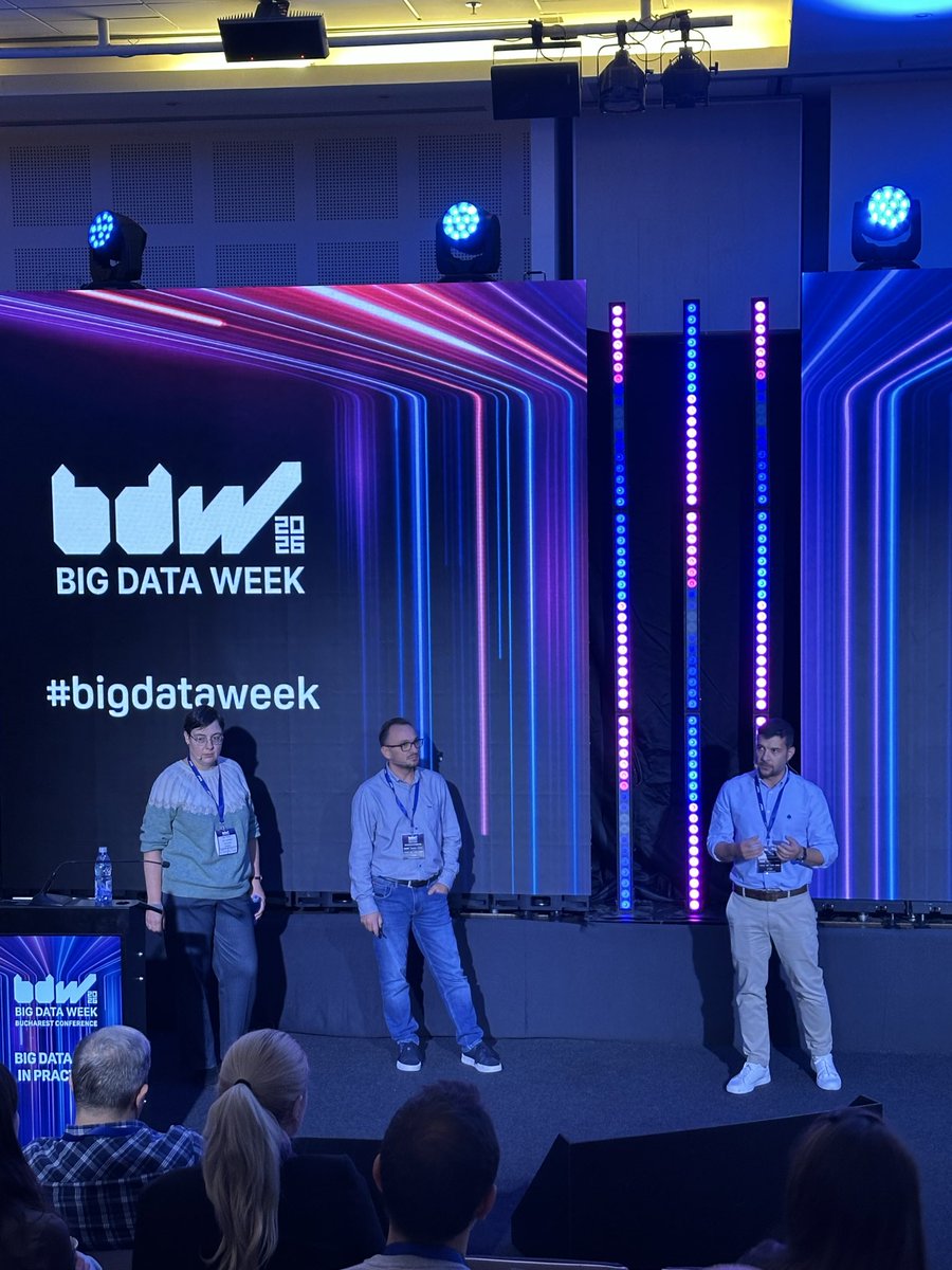 bigdataweek's tweet photo. 🔵 Lucian Neghina &amp; Oana Berzai from @eSolutionsTech and Dragos Tanta from Tchibo explore the boundary between an #IntegrationPlatform and a #DataPlatform, with lessons on streaming, data contracts, schema evolution and operating integrations at scale. #bdw2026 #bdwbucharest https://t.co/aC6bGHO2ca