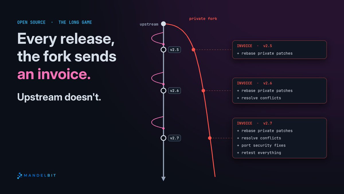antoniobits's tweet photo. A private fork feels like the fast option. Then every upstream release arrives with an invoice attached: another rebase, another round of conflicts, another security fix to port by hand. 🧵
#OpenSource #OpenVPN https://t.co/xxRSBCFngs