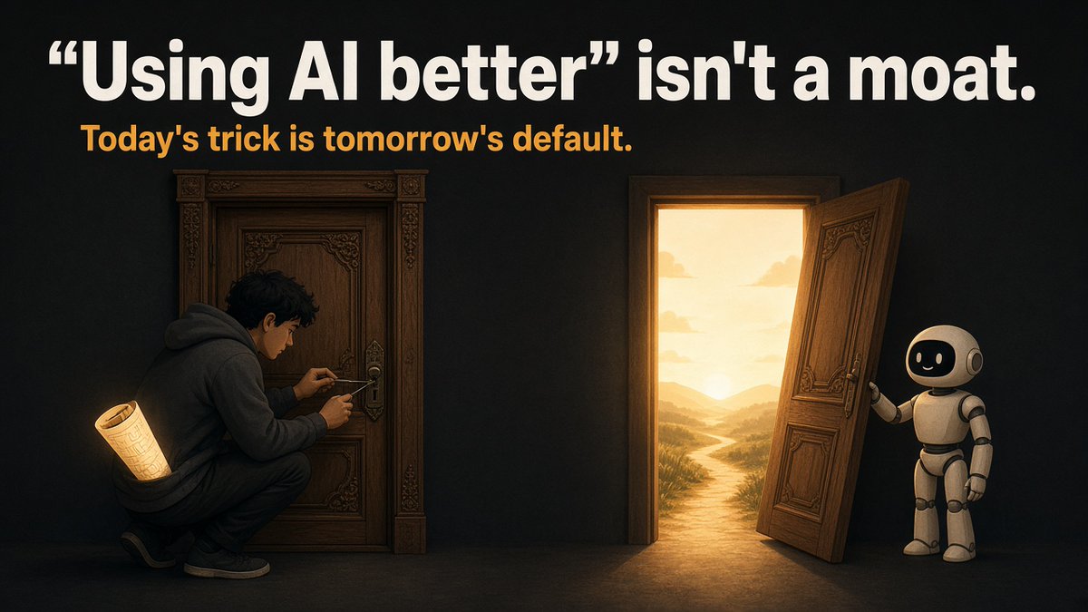guchnghu2's tweet photo. "AI won't take your job. Someone who uses AI better will."

Ethan Mollick isn't so sure.

Remember prompt engineering? You were still perfecting your lock-picking, and they took the door off.

Better question: will the skill you're building matter more as AI improves, or less? https://t.co/19QZcl8x0I