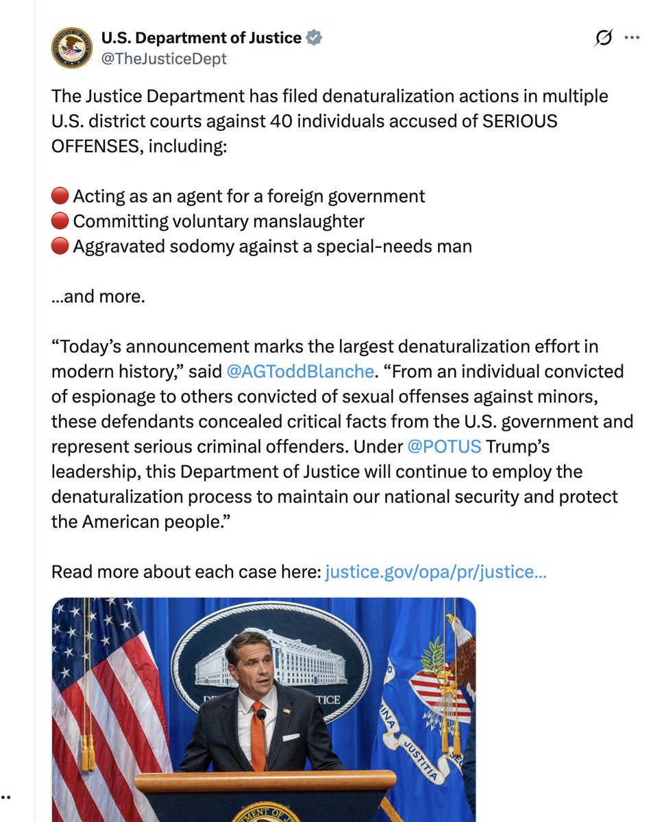 美国司法部提起历史最大规模诉讼,拟撤销40名犯罪归化公民身份,涵盖两名华裔间谍