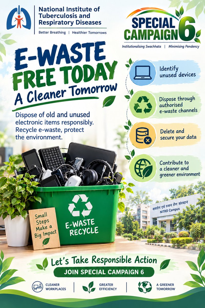 official_NITRD's tweet photo. NITRD is committed to responsible e-waste management—identifying unused devices, ensuring safe disposal through authorised channels, protecting data, and promoting a cleaner, greener workplace.
Let’s take responsible action today for a healthier tomorrow. 🌿

#SpecialCampaign6 https://t.co/k5edVE9gjm