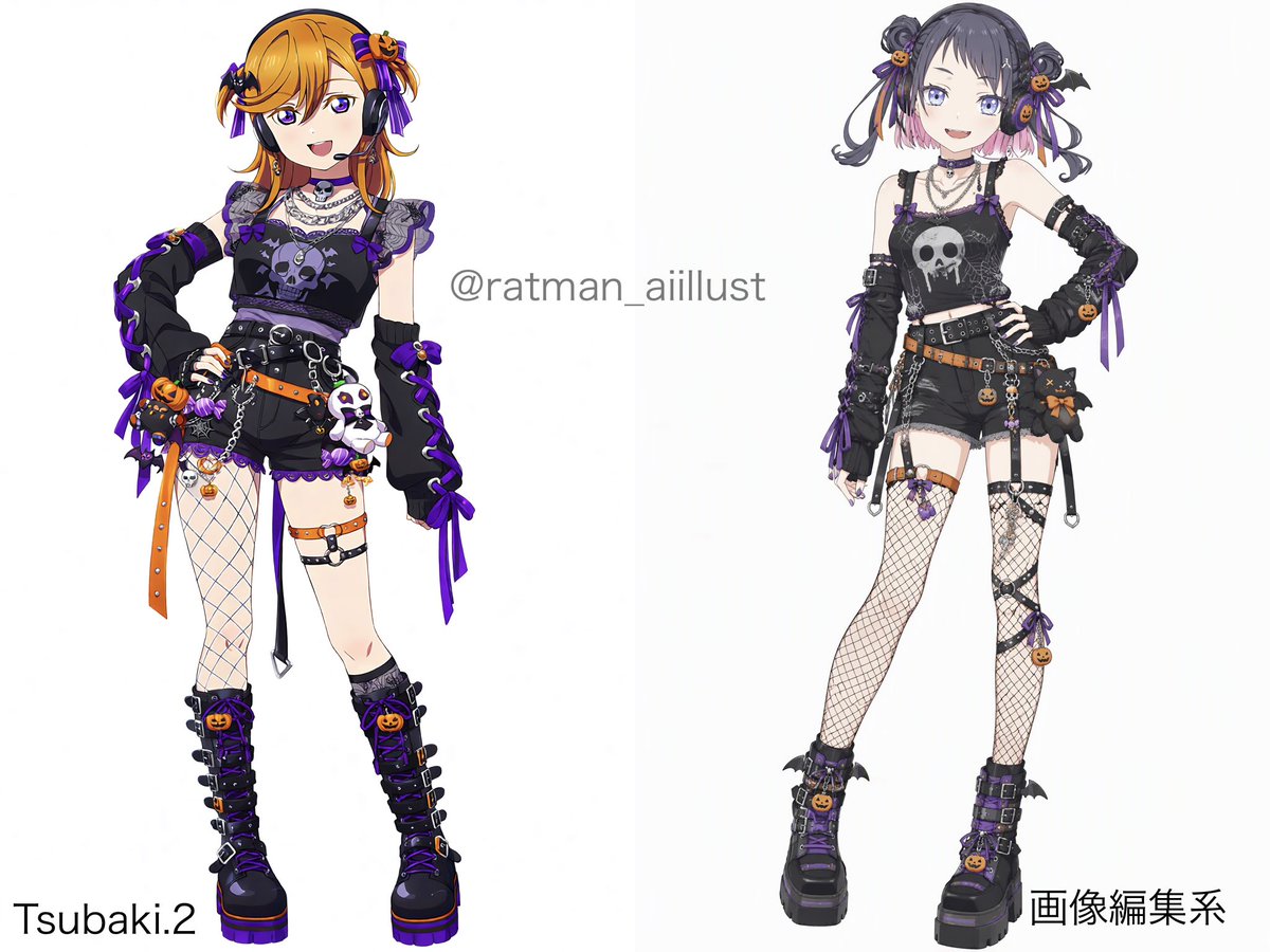 ratman_ai_2's tweet photo. 🎃【期間限定衣装プロンプト】　⑧
#みんな��アイドル_ハロウィンライブ2026

🖤EMO系コーデ(ジャケット無しVer.)

モデル：
⬅️澁谷かのん(Tsubaki.2)
➡️紫輪みおん(画像編集系)

プロンプトはALT

【PixAI】【Tsubaki.2】 https://t.co/hseXREUJZA