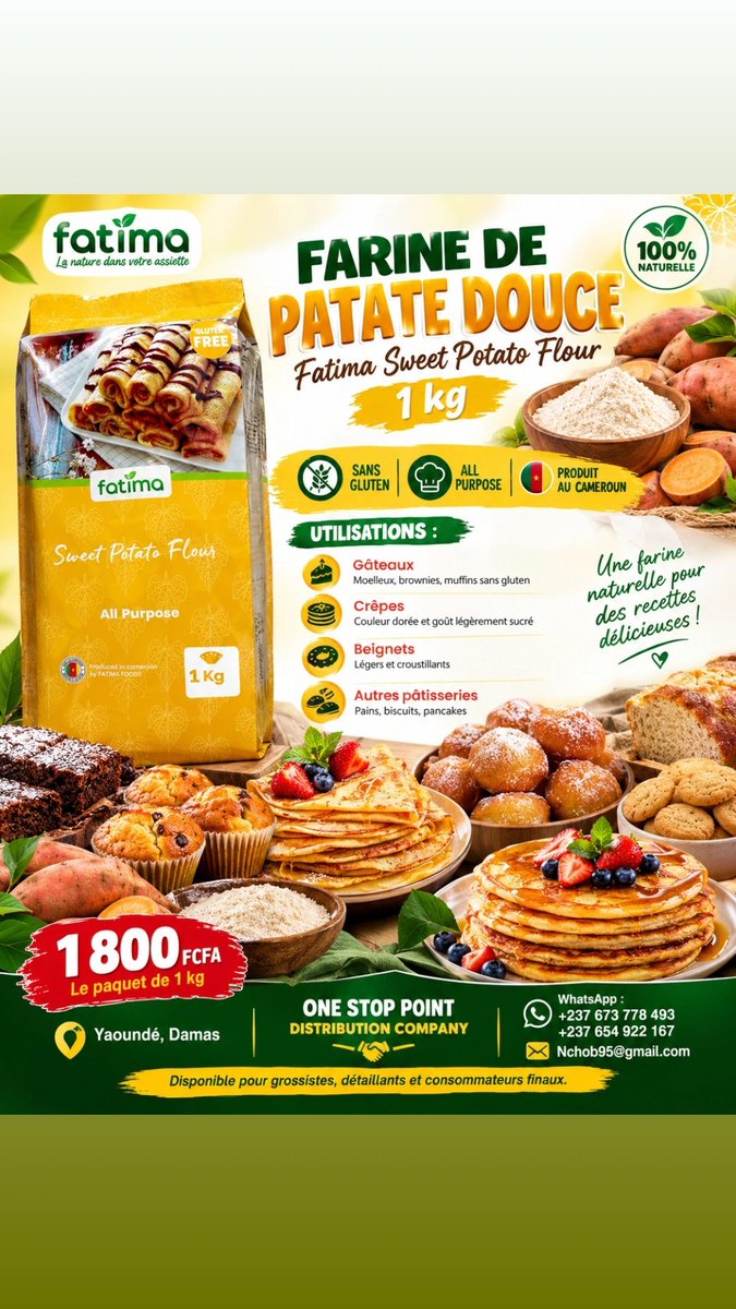 nchoboris9's tweet photo. 🍠 FARINE DE PATATE DOUCE FATIMA - 1kg - 1800 FCFA

✅ 100% NATURELLE
✅ SANS GLUTEN
✅ PRODUIT AU CAMEROUN 🇨🇲

Pour: Gâteaux, crêpes, beignets, pains, pancakes

📍 Yaoundé Damas - One Stop Point
📲 +237 673 778 493 / 654 922 167

#SansGluten #MadeInCameroon #Yaounde https://t.co/8ln5fT5378