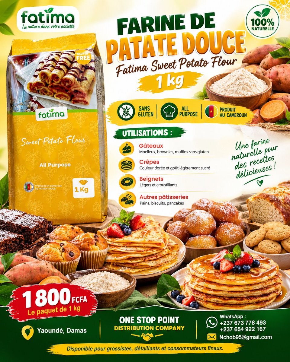 nchoboris9's tweet photo. 🍠 FARINE DE PATATE DOUCE FATIMA - 1kg - 1800 FCFA

✅ 100% NATURELLE
✅ SANS GLUTEN
✅ PRODUIT AU CAMEROUN 🇨🇲

Pour: Gâteaux, crêpes, beignets, pains, pancakes

📍 Yaoundé Damas - One Stop Point
📲 +237 673 778 493 / 654 922 167

#SansGluten #MadeInCameroon #Yaounde https://t.co/8ln5fT5378
