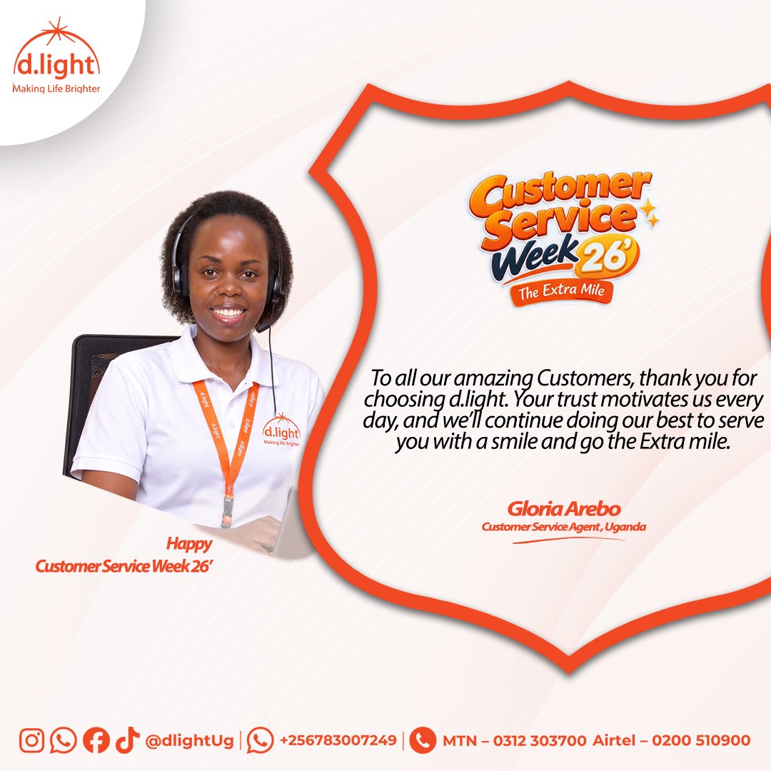 dlight_ug's tweet photo. Meet Gloria Arebo, Customer Service Agent at d.light Uganda. Every day, she goes The Extra Mile to make life brighter for our customers. 
Happy Customer Service Week.
#CSW26 #dlightUg https://t.co/AVKp4V4vBE