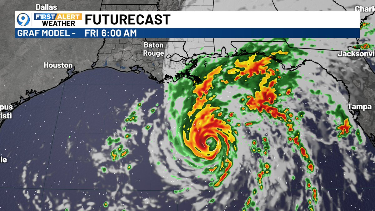 JaredWAFB's tweet photo. The 7AM update is out, showing the Gulf low has a 90% chance of development. Tuesday computer models move the Gulf storm east of Baton Rouge, but it's still too close for comfort.  Spaghetti plots show a landfall late Friday into Saturday between New Orleans and Gulf Shores. https://t.co/R7PfzUGwIx