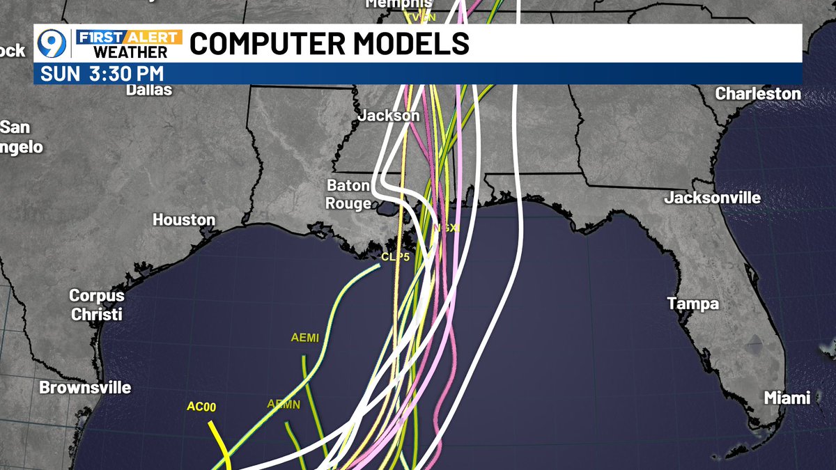JaredWAFB's tweet photo. The 7AM update is out, showing the Gulf low has a 90% chance of development. Tuesday computer models move the Gulf storm east of Baton Rouge, but it's still too close for comfort.  Spaghetti plots show a landfall late Friday into Saturday between New Orleans and Gulf Shores. https://t.co/R7PfzUGwIx