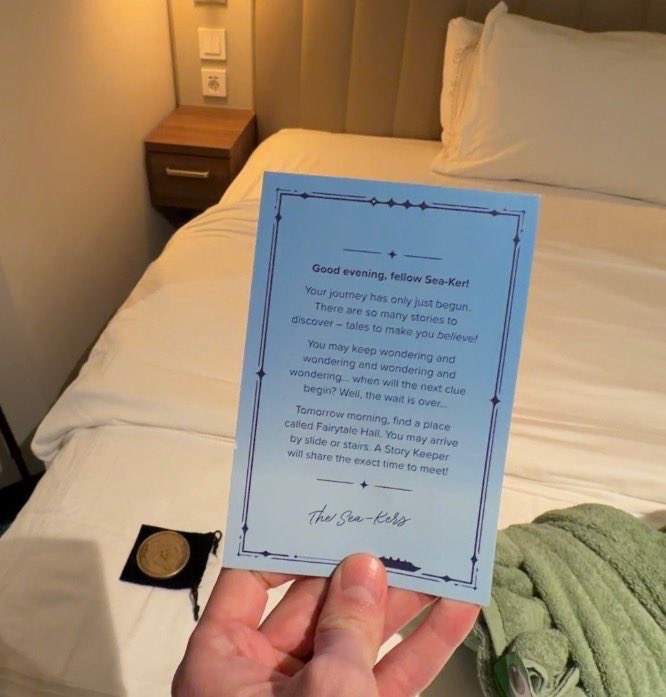 laughingplace's tweet photo. Our late night clue that was waiting for us on our bed and who doesn’t love a visit from Pascal! #disneybelievereveal https://t.co/hs4OGaLiWI