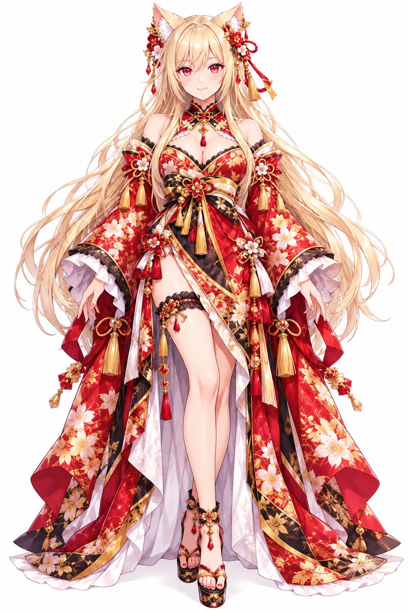 akaisuihanki_J's tweet photo. #衣装プロンプト
今回は「和装ドレス」です😘
何人かの方に、レムちゃんのドレス姿を褒めていただけたので、出してみようと思います！
洋風のドレスは結構見かけますが、和風のドレスは中々珍しいと思ったので構築してみた感じですヾ(*´∀｀*)ﾉ
プロンプトは最後に記載していますので、良ければ使ってみてください♪
#ジャア衣装プロンプト
#AIイラスト好きさんと繋がりたい

👇以下 衣装のプロンプトです👇

豪華絢爛な和風ファンタジー衣装、花魁・振袖・着物ドレスを融合した華やかなデザイン。
メインカラーは深い朱赤・黒・金・白。赤い上質な和布をベースに、金色の桜・牡丹・紅葉などの華やかな花柄金襴模様を全面に施している。黒地にも金色の植物文様を入れ、���級感のある豪華な刺繍と金箔風装飾。
上半身は肩を大きく露出したオフショルダーの着物風トップス。胸元は赤と黒の和柄生地を重ねた立体的なデザインで、縁に黒い繊細なレース。首元には黒×赤×金の和風チョーカー風襟、中央に金細工と赤い宝石のペンダント。
袖は非常に大きく広がる豪華な振袖で、赤地に金と白の花柄。袖口には黒い縁取りと金装飾、内側には白いフリルを何重にも重ねた姫袖風デザイン。肩から腕にかけて赤い花飾り、組紐、金色の房飾り、タッセルを多数配置。
腰には豪華な帯を幾重にも重ねた巨大な和風リボン帯。赤・黒・白・金の帯を複雑に組み合わせ、中央に大きな赤い花飾りと金細工。帯から長い金色・赤色の房飾り、組紐、宝石装飾が垂れている。
スカート部分は着物とロングドレスを融合した多層構造。左右��大きく広がる赤い裾、黒地の金襴パネル、白い内布を重ねた華やかなレイヤード。前方は大きく開いた大胆なハイスリットで片脚が見えるデザイン。裾は床まで届くロング丈で、左右に流れるようなドレープ。縁には金色のパイピング。
太ももには黒レースと赤い花、金装飾を組み合わせた和風ガーターアクセサリー。足首にも赤い花・金細工・赤い宝石・小さな房飾りを装着。
靴は黒×赤×金の和風厚底サンダル。高いプラットフォームソール、細い赤い鼻緒、金色の花模様と装飾。
全体に赤い椿・梅・桜を思わせる立体的な花飾り、金の組紐、鈴、房飾り、タッセル、赤い宝石、金細工を大量に使用。
豪華、艶やか、華麗、妖艶、上品、和風姫、花魁風、和洋折衷、ハイファンタジー、ソーシャルゲーム最高レア衣装、SSR衣装、細密な装飾。

ーーーーーーーーーーーーーーーーーーーーーーーーーーーーーー
下記は、さらに画像に近づける場合にお使いください。
末尾に、「左右非対称の着物ドレス、非常に細密な金襴模様、赤い花飾りを多数配置、長い振袖、巨大な帯結び、前開きハイスリット、床まで広がる豪華な裾、金色の房飾りが揺れるデザイン」
を強調して入れるとかなり効きます。
※画像の狐耳・髪飾りまで含めたい場合は、「金髪に合わせた狐耳、赤・白・金の和花髪飾り、赤い組紐、金の簪、長いタッセル」を追加すると近くなります。