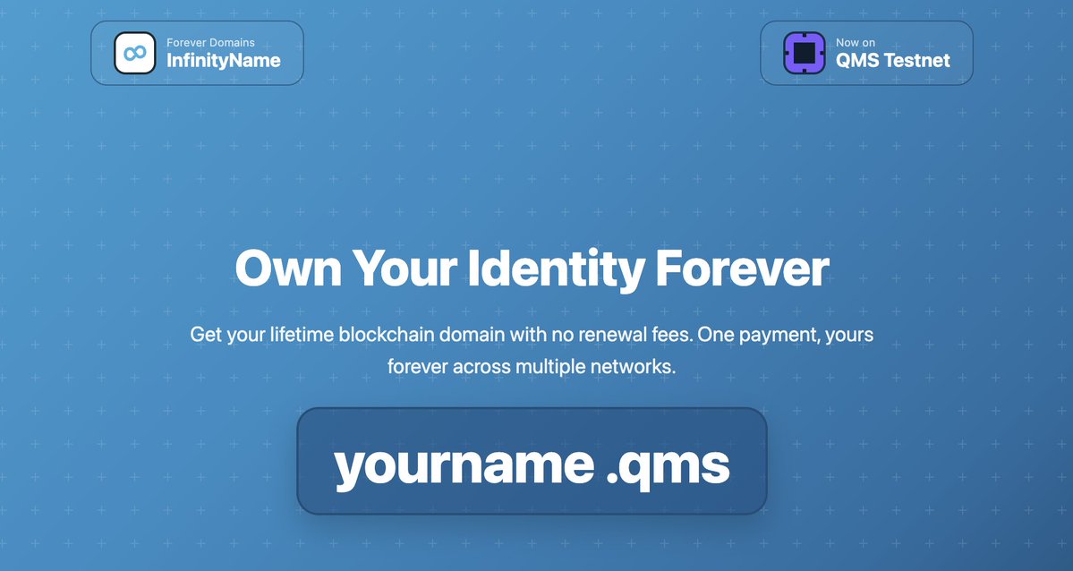 Infinitynamecom's tweet photo. InfinityName supports QMS Testnet ♾

Experience the future of decentralized identity on @QMSNetwork Claim, own, and manage your name with permanent digital ownership.

👉https://t.co/tqUaCQVcb0
No renewals. No expirations. Just you. Forever.